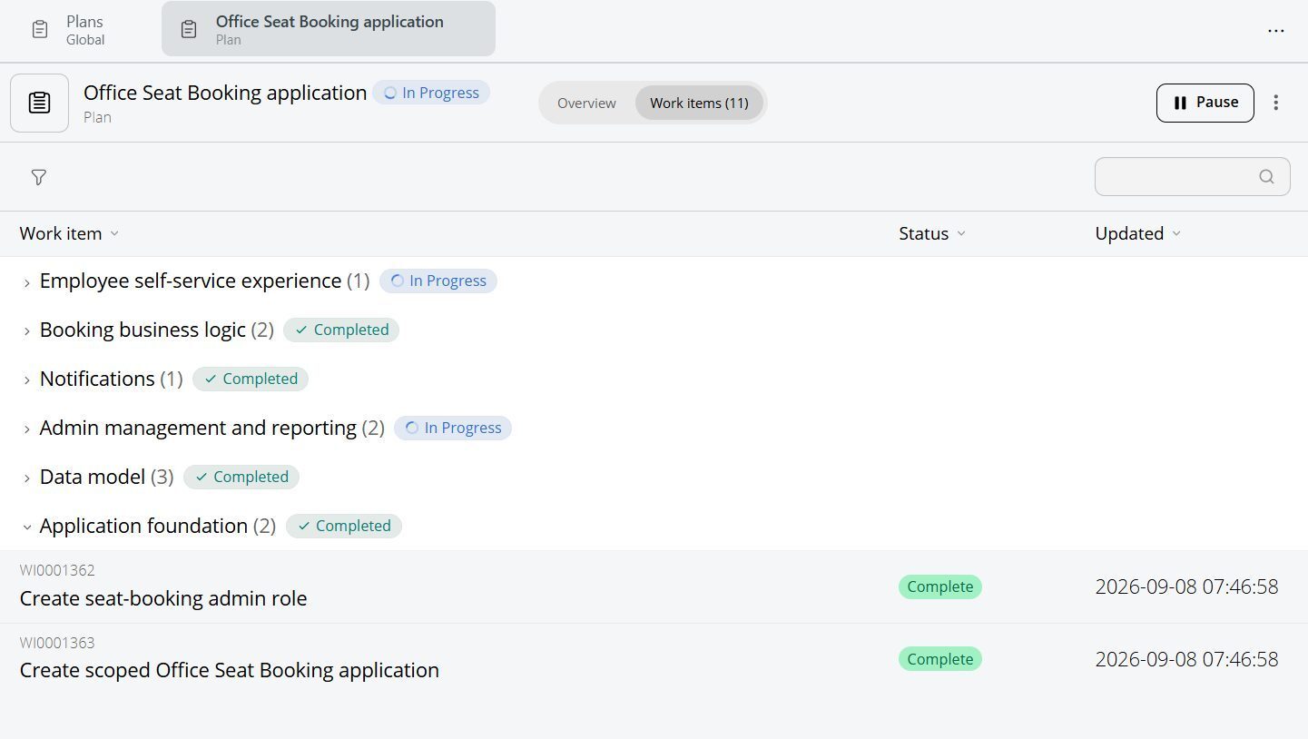 Autonomous Engineer's live build dashboard: work items grouped by workstream, each with its own background agent.