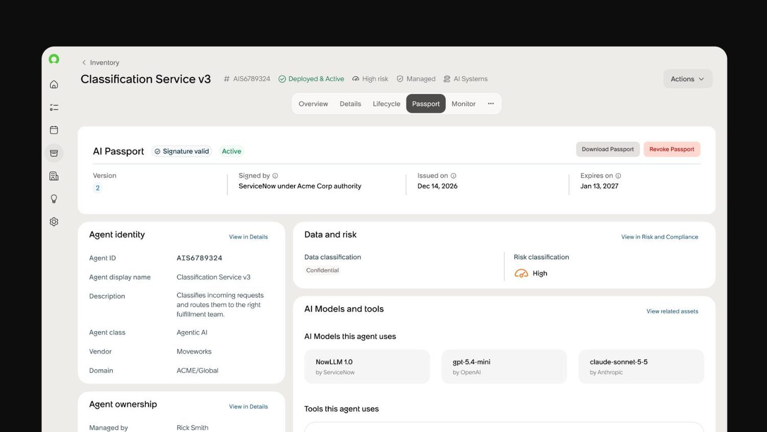 An AI Passport record in AI Control Tower: identity, allowed tools and actions, and ownership for a governed agent.