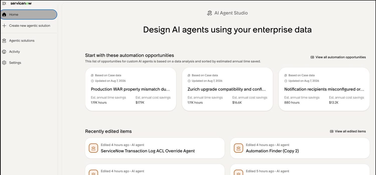 The redesigned AI Agent Studio home page, with Advisor opportunities ranked by estimated time and cost savings.