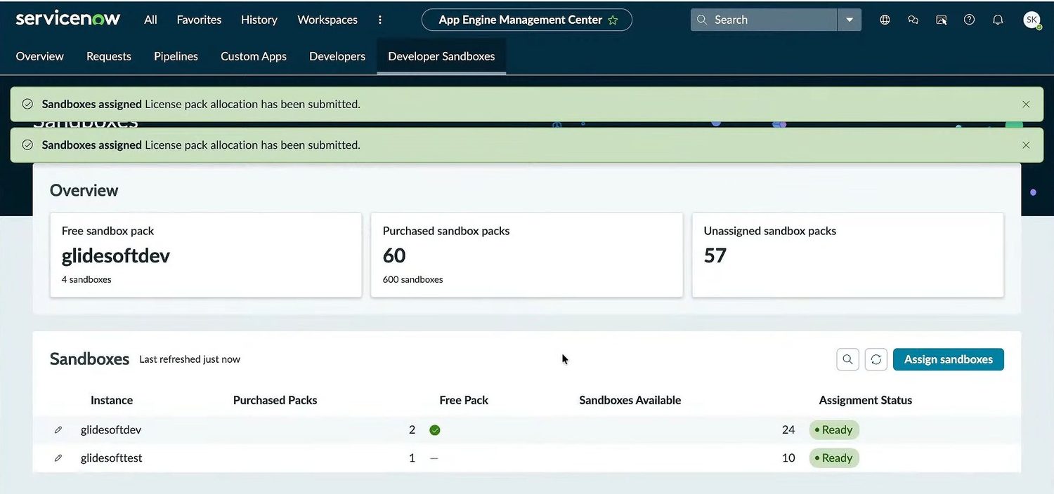 The Developer Sandboxes tab in App Engine Management Center, with free and purchased packs and per-instance availability.