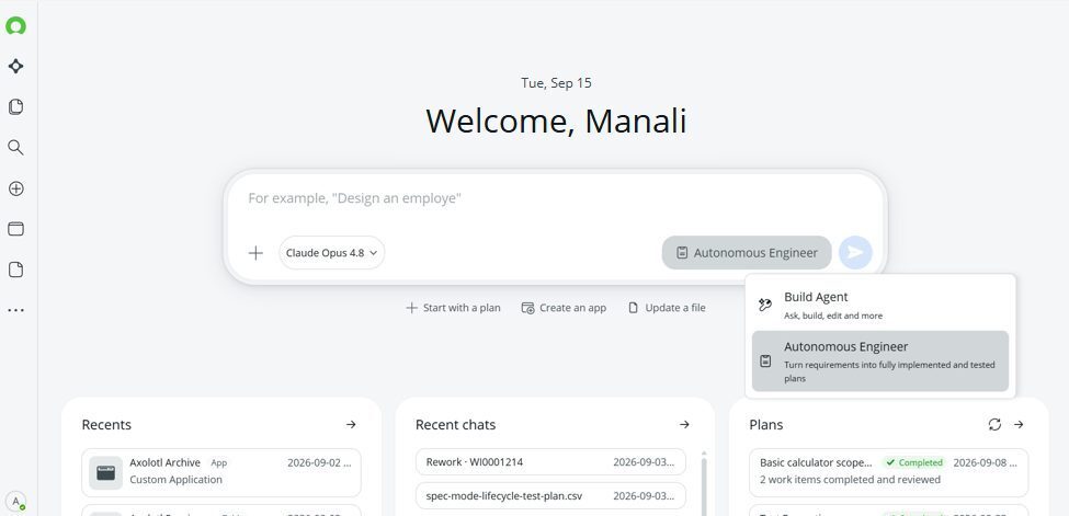 The new Lux-based ServiceNow Studio home page, with the Build Agent and Autonomous Engineer mode switch.