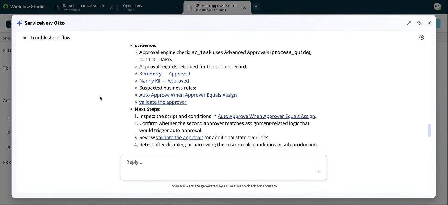 The Flow Troubleshooting Agent explaining an unexpected auto-approval, with the suspected business rules linked.