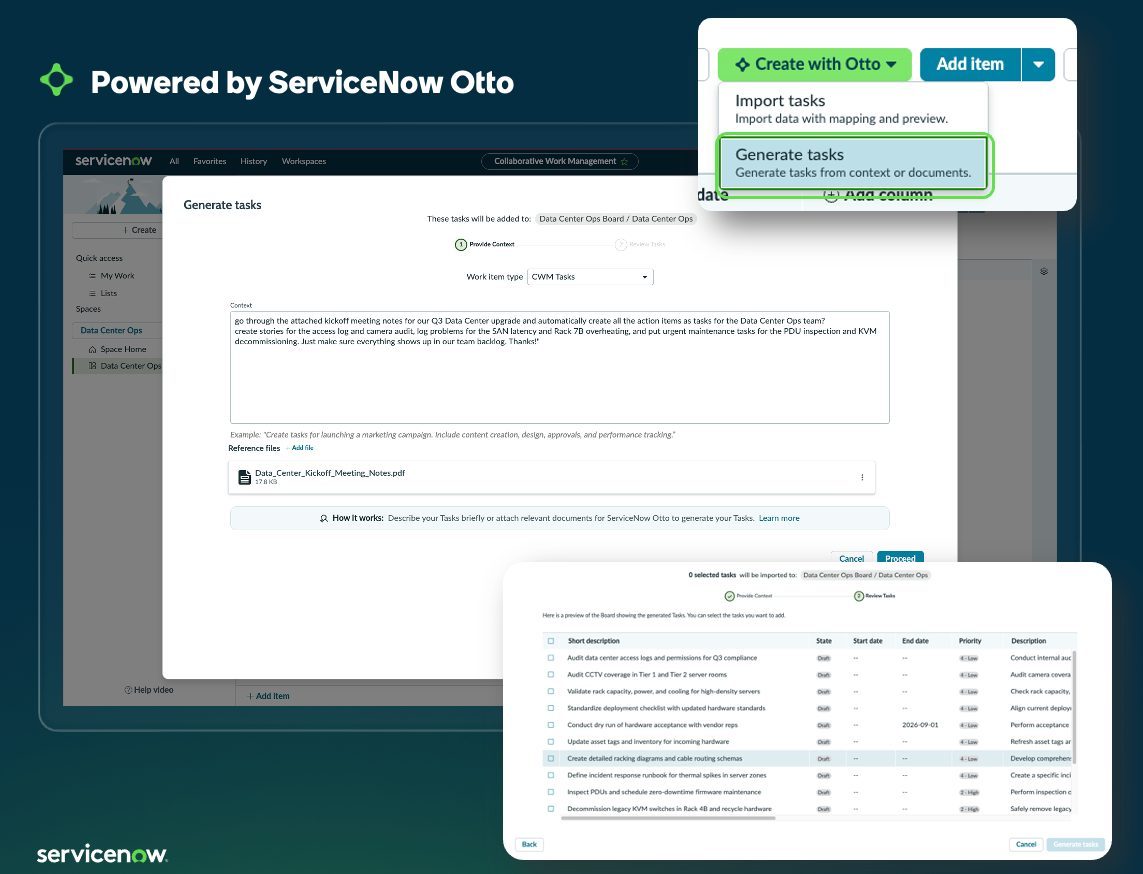 Otto generating a board of tasks in Collaborative Work Management from a pasted brief or uploaded document.